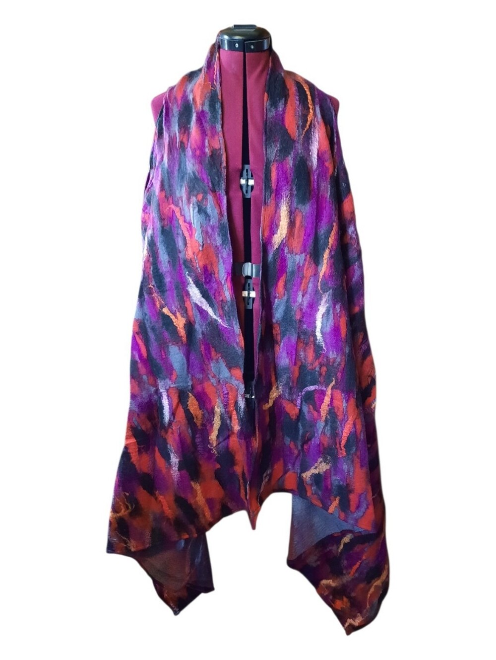 Kooloo Merino Wool Silk Blend Felted Artisan Abstract Sleeveless Kimono One Size